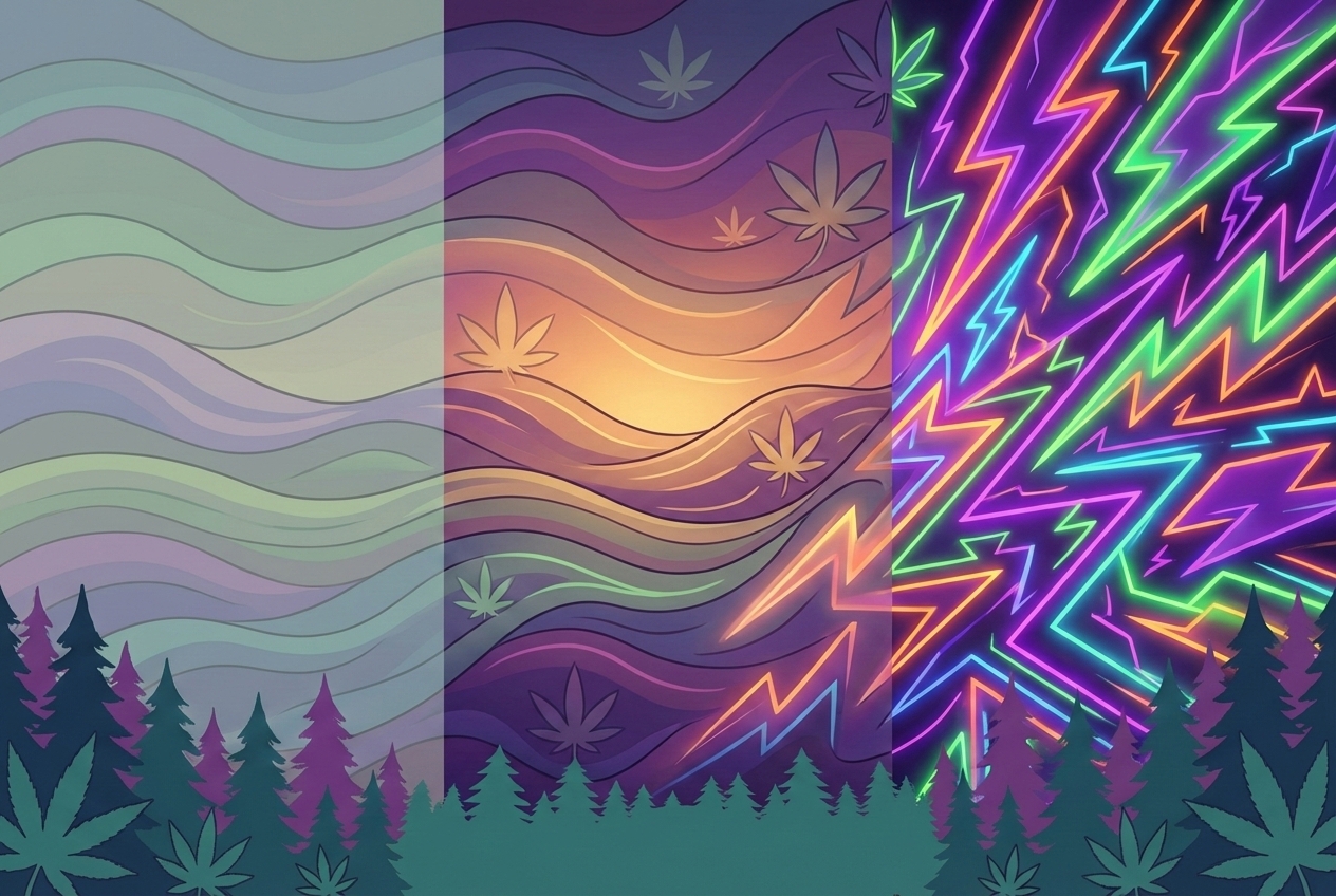 A split-screen composition showing a serene, slightly abstract representation of a middle ground. On the left, a very muted, flat landscape representing CBD; on the right, a vibrant, chaotic, intense neon landscape representing Delta 9. In the center, where Delta 8 resides, the lighting is warm, balanced, and inviting, symbolizing controlled relaxation.