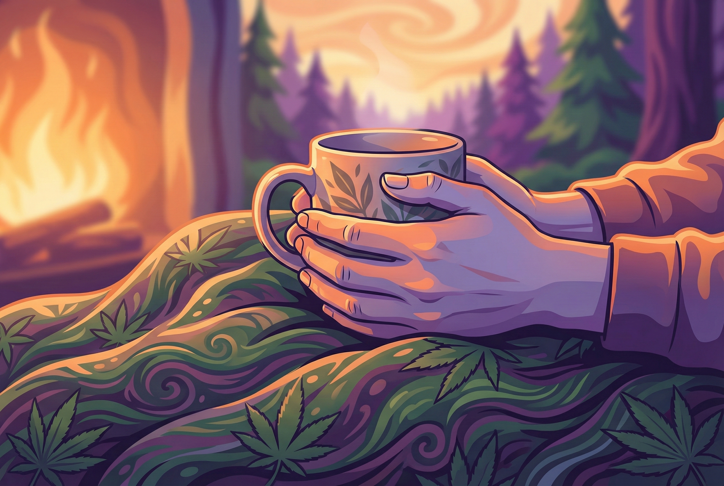 A close-up, warm-toned photograph of a person’s hands resting comfortably on a soft blanket or textured fabric, holding a cup of tea. The lighting suggests late afternoon or early evening, evoking a sense of physical relief and the release of muscle tension.