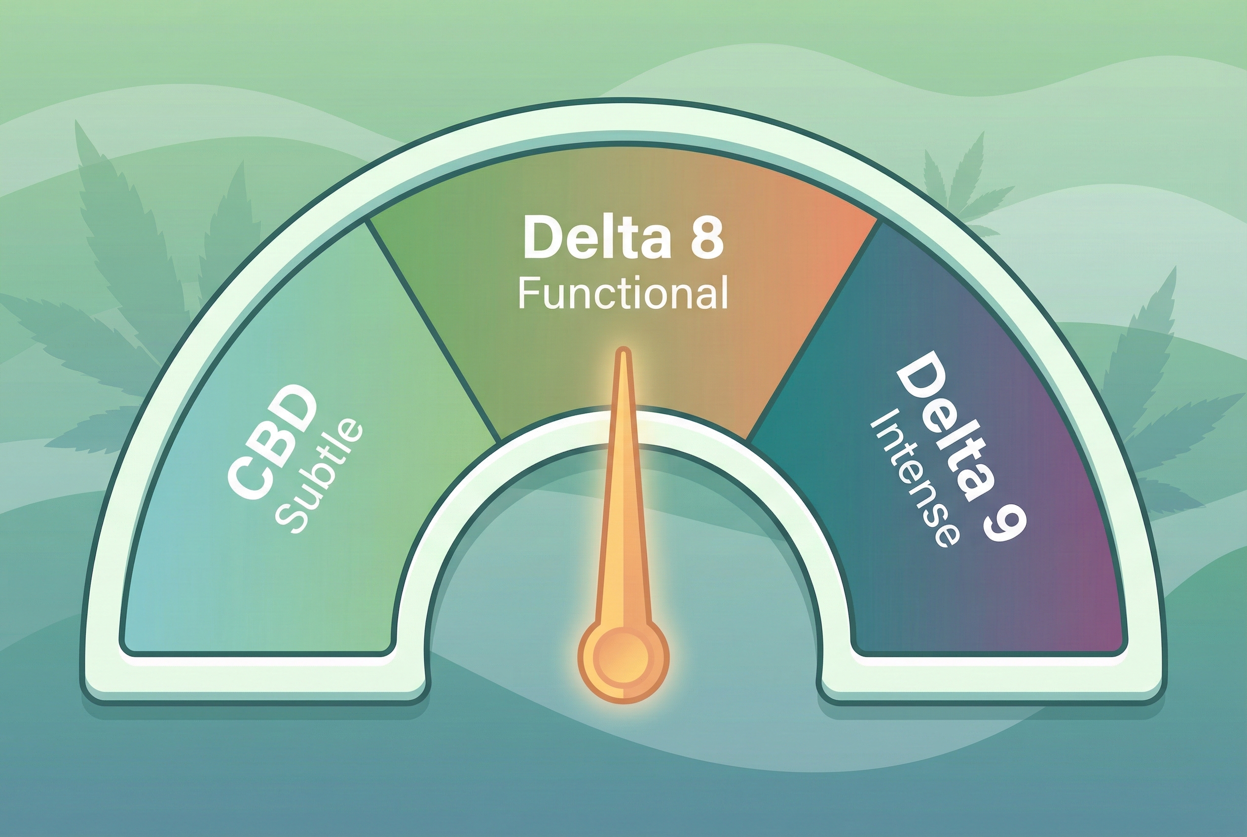 A simple, clean graphic illustration of a gauge or speedometer. The needle is pointing to the middle section labeled Delta 8 / Functional. The left side is labeled CBD / Subtle and the right side is labeled Delta 9 / Intense. The color scheme is soothing, using greens and teals.
